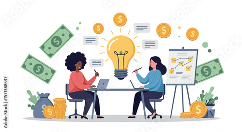 Collaborative brainstorming and financial planning vector illustration for teamwork and business strategy design