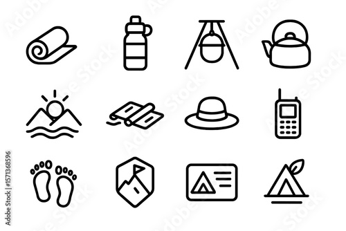 Camping essentials icon set vector illustration for outdoor adventure design projects