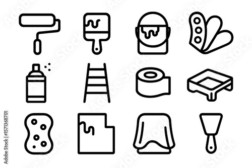 Painting tools vector illustration: essential items for home renovation and diy projects in line art style