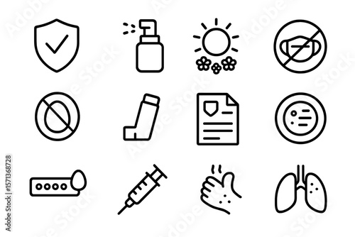 Vector illustration of health and safety icons: sanitizer, allergy protection, medication