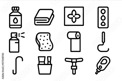 Household essentials vector illustration: minimalistic icons for bathroom and cleaning supplies
