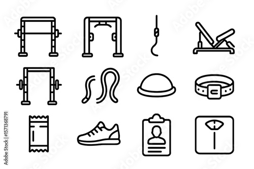 Fitness and gym equipment vector illustration in line art style for health and exercise design