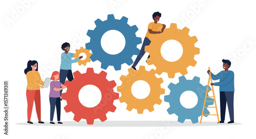 Collaborative teamwork concept vector illustration with diverse characters and colorful gears for business solutions design