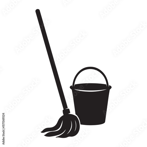 Bucket with Mop and Shovel Cleaning  vector silhouette Tools on White Background