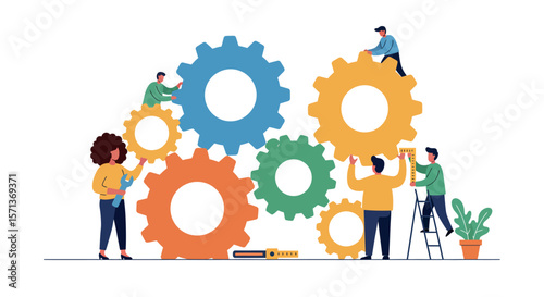 Teamwork collaboration concept vector illustration: diverse team building colorful gears for business success in flat style