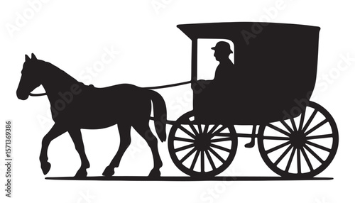 "Silhouette of Horse Drawn Amish Buggy Carriage on White Background"

