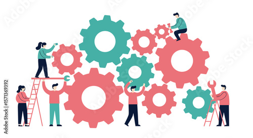 Collaborative teamwork and productivity concept in flat vector illustration with gears