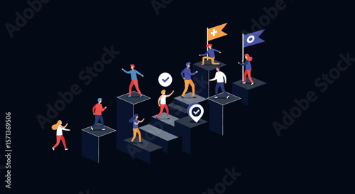 Achieving goals and success teamwork concept vector illustration in isometric style