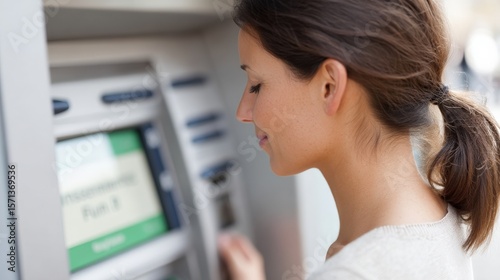 Free Download financial trouble loan emergency concept. Woman using an ATM with focused expression. - GFXLoad