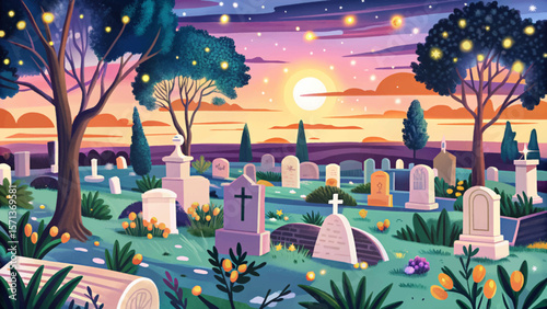 Cemetery landscape vector, blue hour scene, glowing fireflies, mysterious atmosphere, tombstones, twilight sky, quiet graveyard, night nature, calm mood, spiritual art, fantasy silence
