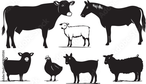 Here's a vector collection of farm animal silhouettes including cows, pigs, sheep, and horses, perfect for agriculture-themed designs.