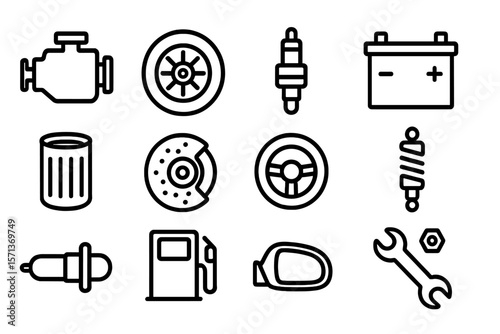 Automotive parts icons vector illustration - engine, tire, battery, and tools - line style for repair and design