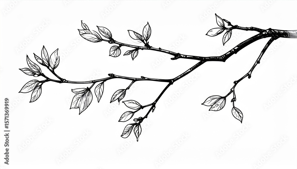Obraz premium Black And White Line Art Branch With Leaves Drawing