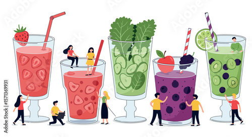 Colorful summer fruit beverages with people miniature vector illustration for creative design