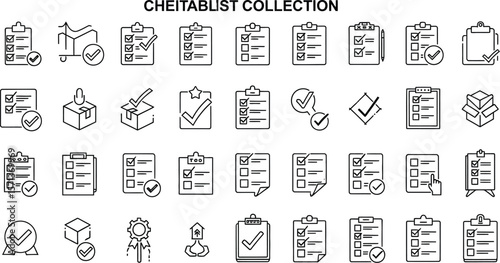 A collection of checklist, clipboard, and box icons in outline style design