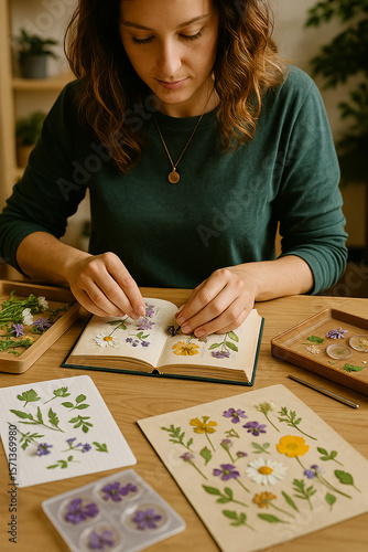 Hobbyist pressing flowers for resin art.