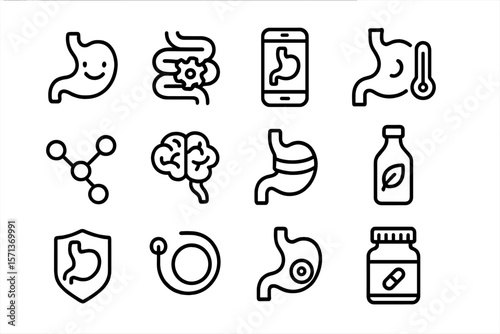 Digestive health icons in black line style vector illustration for medical and educational design