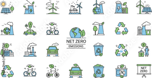 Collection of net zero emissions icons featuring renewable energy sources