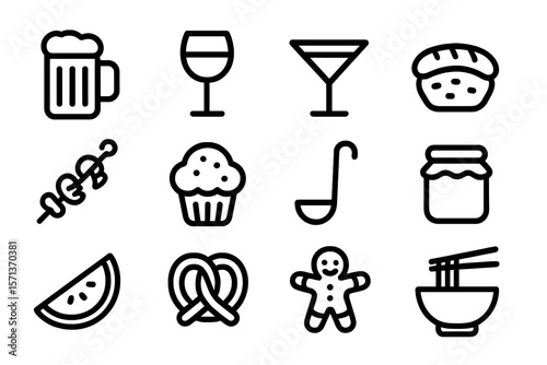 Assorted food and drink icon set vector illustration for menu design and branding
