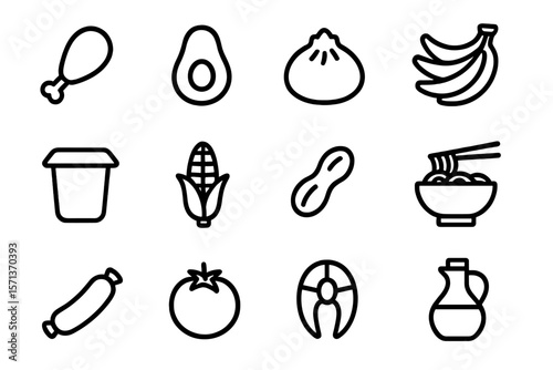 Minimalist food icon set vector illustration featuring fruits, vegetables, and snacks for design use