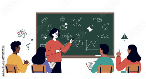 Vector illustration of mathematical classroom scene with teacher and students in flat style for educational design