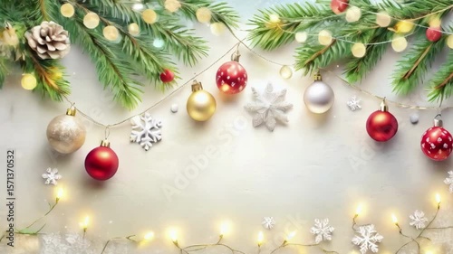 Colorful New Year's background. Colorful balls, a Christmas tree, a garland, lights, stars, snowflakes. Free space for text