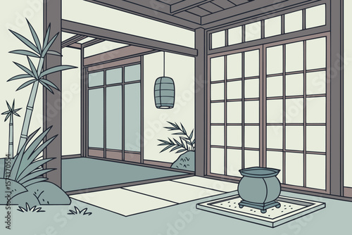Illustration of a traditional japanese room with bamboo plants and a hanging lantern indoors scene