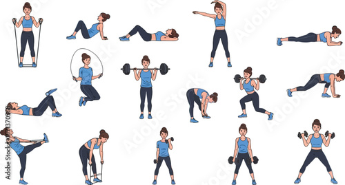 Fitness workout routine for women training at home with weights and exercise bands
