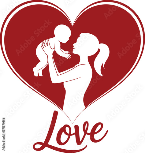Heartfelt Parental Love Illustration Featuring Silhouetted Parent Holding Child Inside Red Heart Frame with Cursive “Love” Text