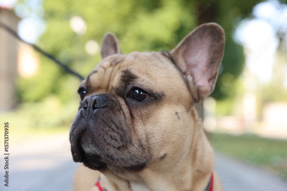 Obraz premium Adorable pet. Cute French bulldog with leash in park, closeup