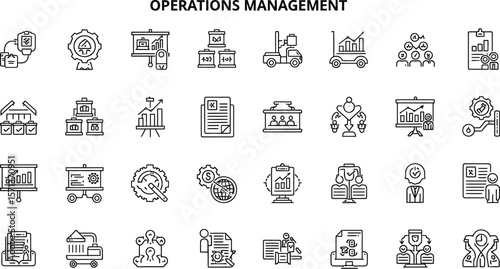 Operations management icons depicting business processes and optimization tasks