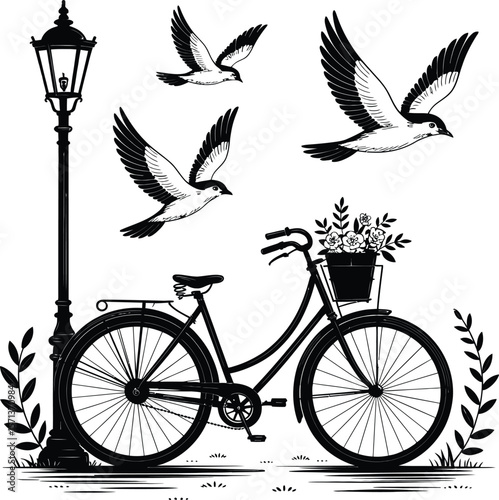 Vintage Bicycle Scene with Floral Basket and Street Lamp in Minimalist Monochrome Illustration