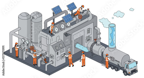 Industrial water treatment plant vector illustration in isometric style for design projects
