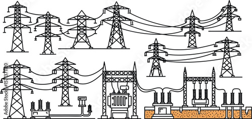 Illustration of power lines and electrical transformers on a white background