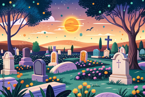 Cemetery landscape vector, blue hour scene, glowing fireflies, mysterious atmosphere, tombstones, twilight sky, quiet graveyard, night nature, calm mood, spiritual art, fantasy silence