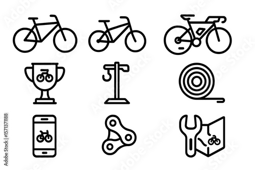 Bicycle icon set vector illustration for sports and repair themes in line style