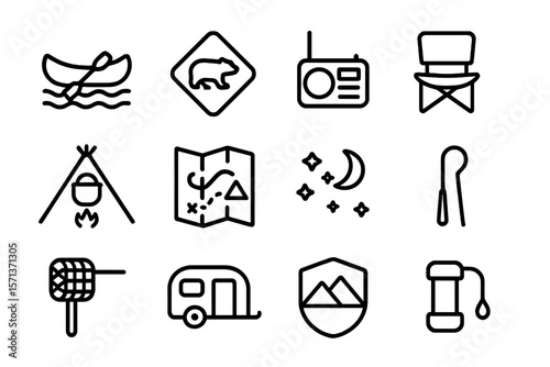 Outdoor adventure vector illustration set with camping icons in line art style for travel design