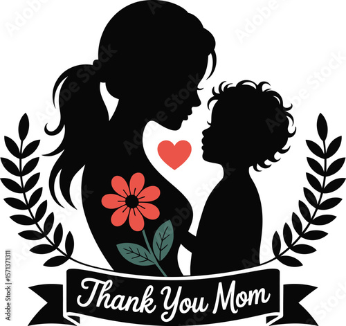 Mother’s Day Gratitude Doodle Featuring Silhouetted Woman and Child Embraced by Laurel Branches, Red Heart, and Floral Accent