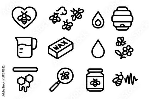 Beekeeping icons vector illustration for design: honey, beeswax, and beehives in modern line style