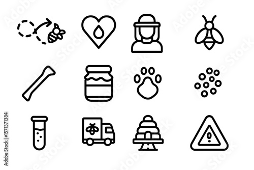 Beekeeping and honey production icons vector illustration for design and print in line style