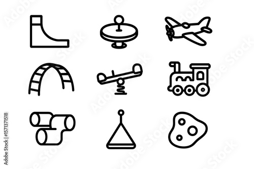 Playground equipment vector illustration - swing, slide, seesaw, plane, and train icons for design projects