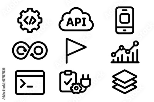 Modern technology symbols vector illustration: api, coding, and data analytics icon set