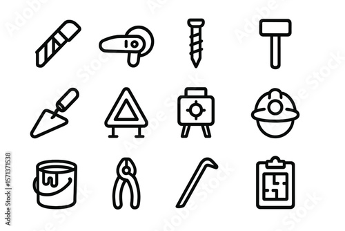 Construction tools vector illustration with outline icons for design, poster, or print use