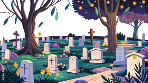 Cemetery landscape vector, blue hour scene, glowing fireflies, mysterious atmosphere, tombstones, twilight sky, quiet graveyard, night nature, calm mood, spiritual art, fantasy silence