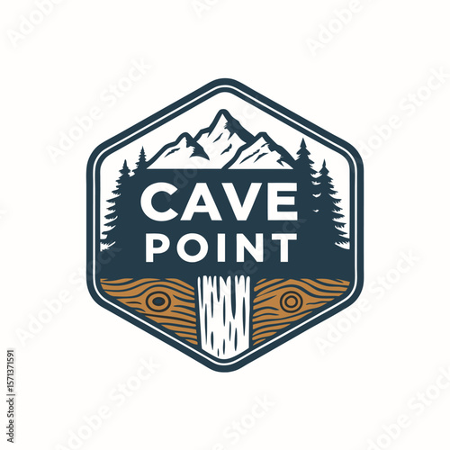 A colorful graphic depicting a badge, cave, point, and stalactite icon.