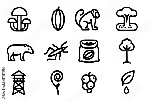 Wildlife and nature icons vector illustration: jungle and environmental elements design in line art style