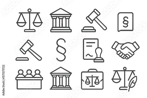 Legal symbols vector illustration: court icons for print and design projects in line style