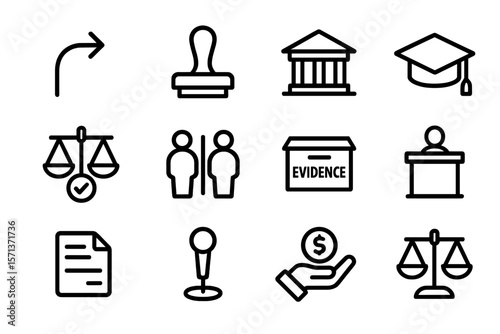 Legal and justice icons set vector illustration - court, evidence, and law symbols for design