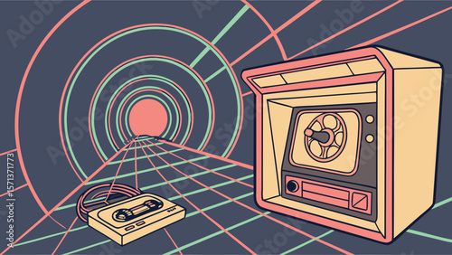 Retro illustration featuring a cassette tape, vintage tv, and a tunnel vision background design