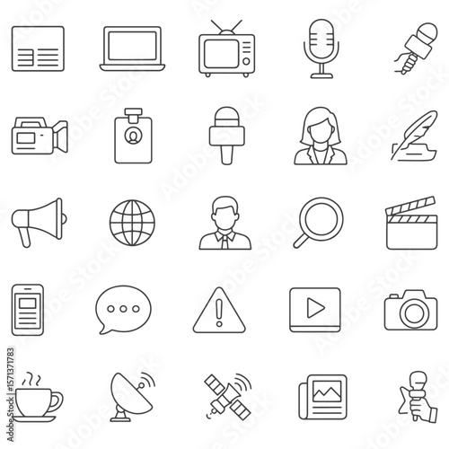 News Media Line Icons – Vector Icon Set for Journalism, Broadcasting, Press Coverage, Reporting Tools, and Digital Media Platforms